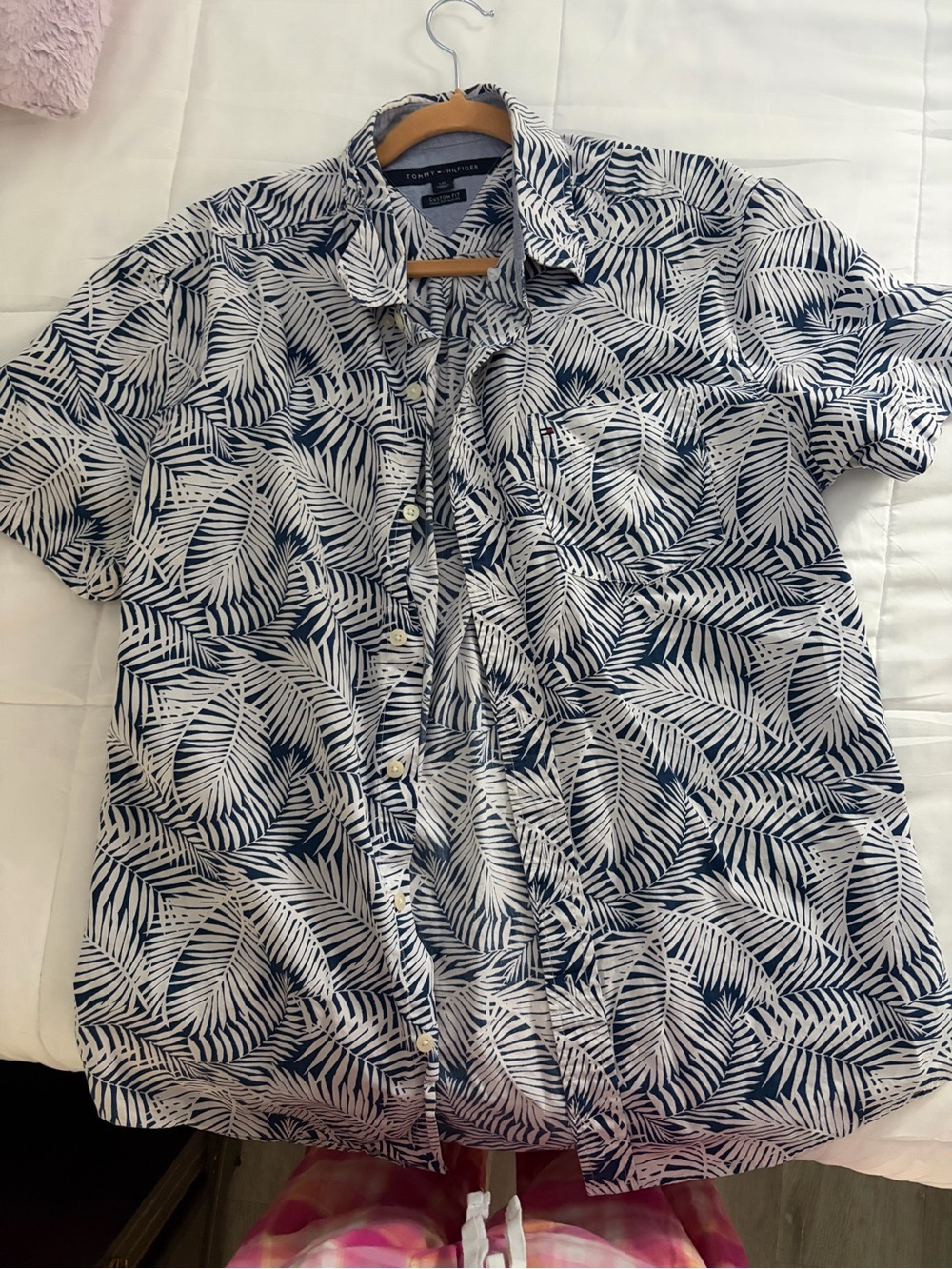 Tommy Hilfiger White & Navy Palm-Print Short Sleeve Button-Down Shirt